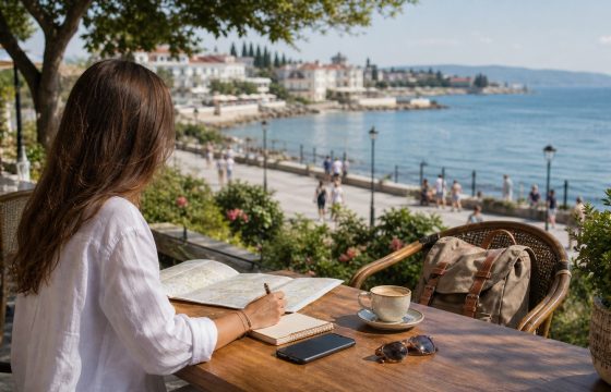 Девушка планирует одиночное путешествие в кафе у воды