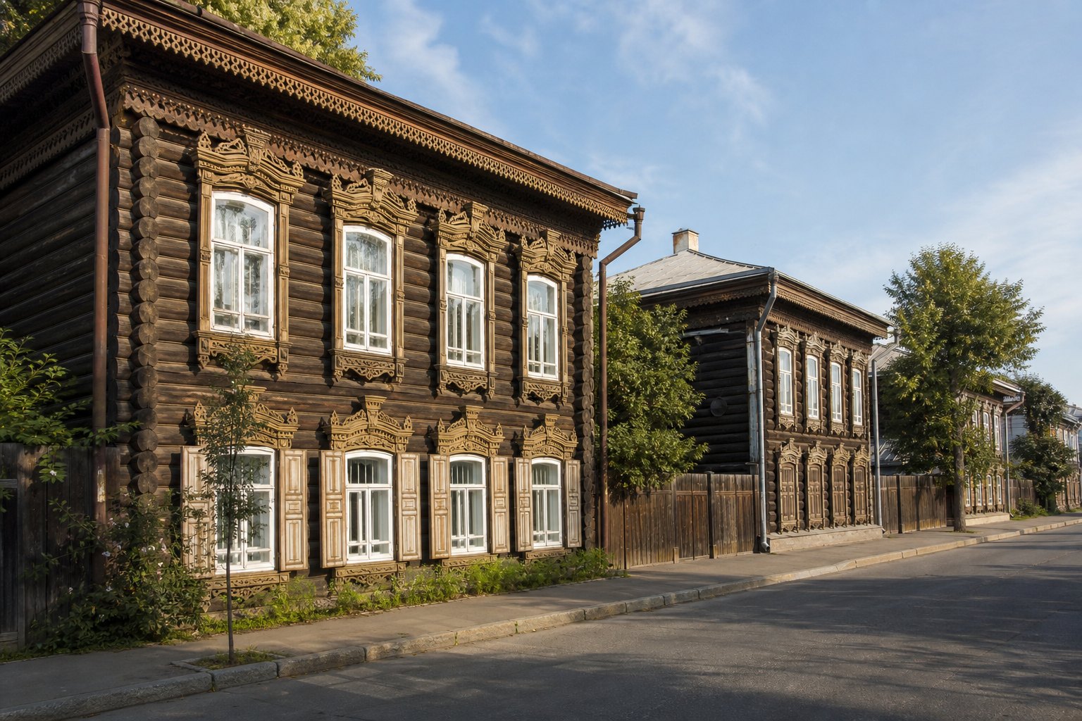 Старинные деревянные дома с резными наличниками в Иркутске