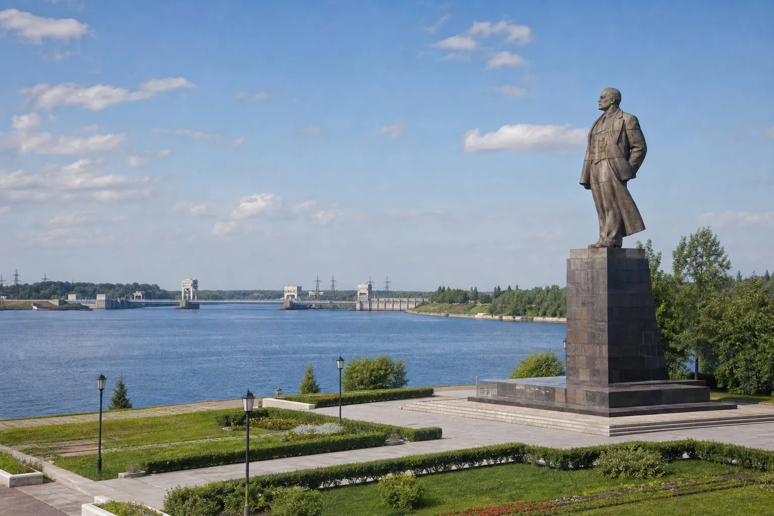 Памятник Ленину и Иваньковское водохранилище в Дубне