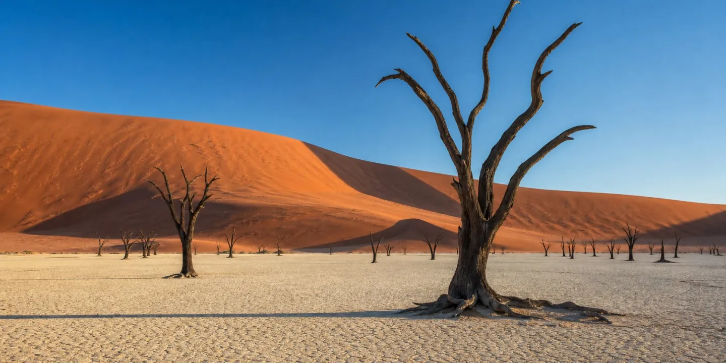 Пустыня Намибии с красными дюнами и сухими деревьями Deadvlei
