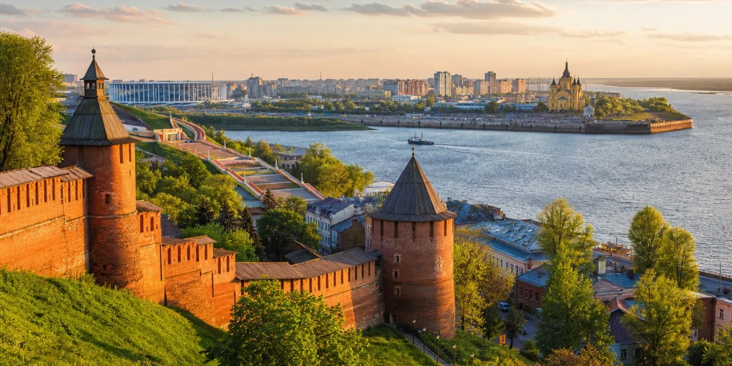 Нижегородский кремль, Волга и Стрелка на обложке статьи об экскурсиях в Нижнем Новгороде