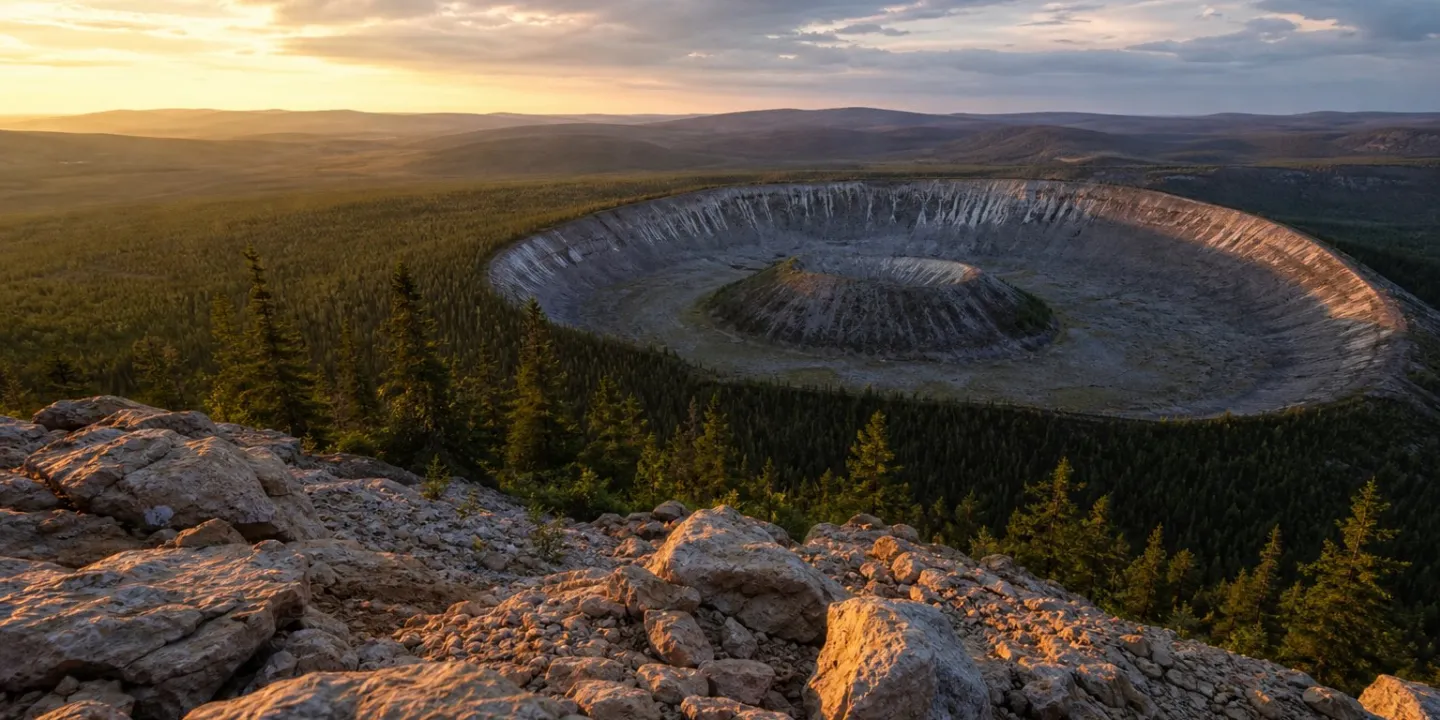 Патомский кратер в Иркутской области, каменный конус среди северной тайги.