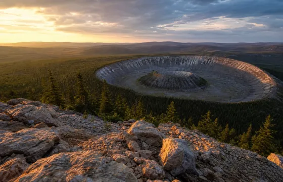 Патомский кратер в Иркутской области, каменный конус среди северной тайги.