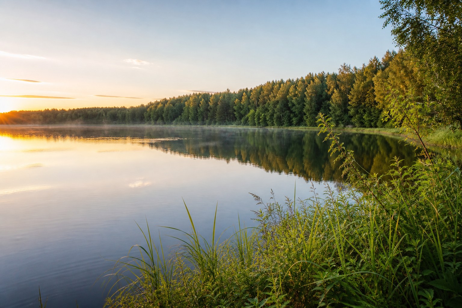 Рассвет у озера Светлояр с лесом и спокойной водой
