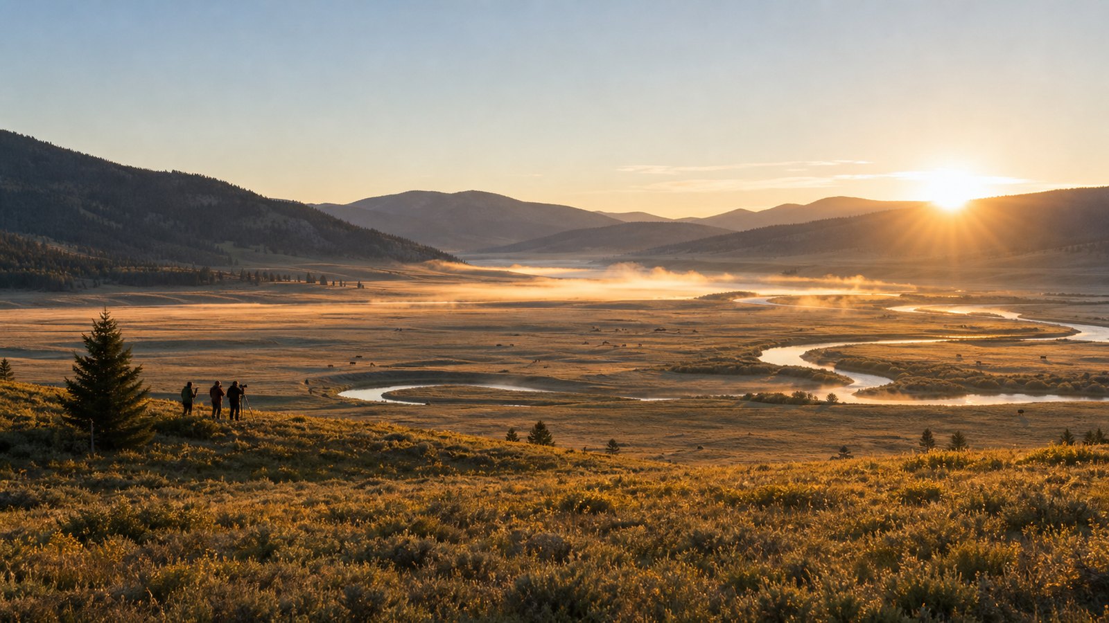 Рассвет в Lamar Valley в парке Йеллоустоун