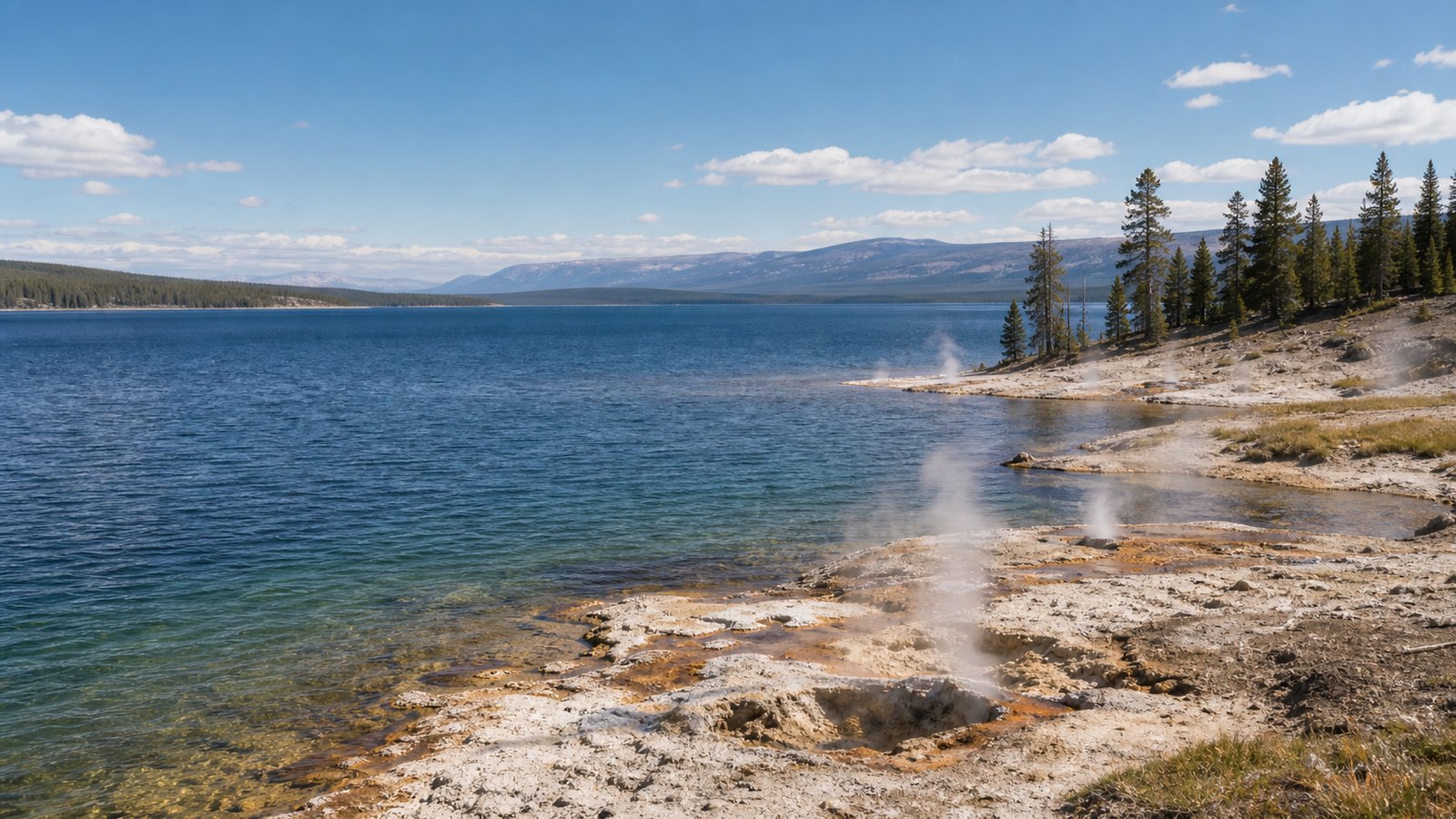 Озеро Yellowstone и геотермальный берег в национальном парке