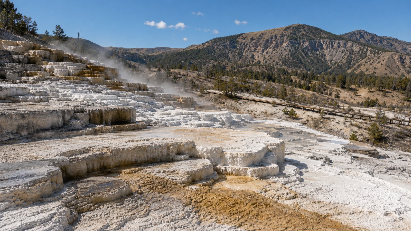 Террасы Mammoth Hot Springs в северной части Йеллоустоуна